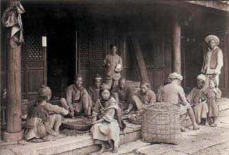 Распевая песни представители народа Накси перебирают каштаны на крыльце дома Джозефа Рока (1923 год).